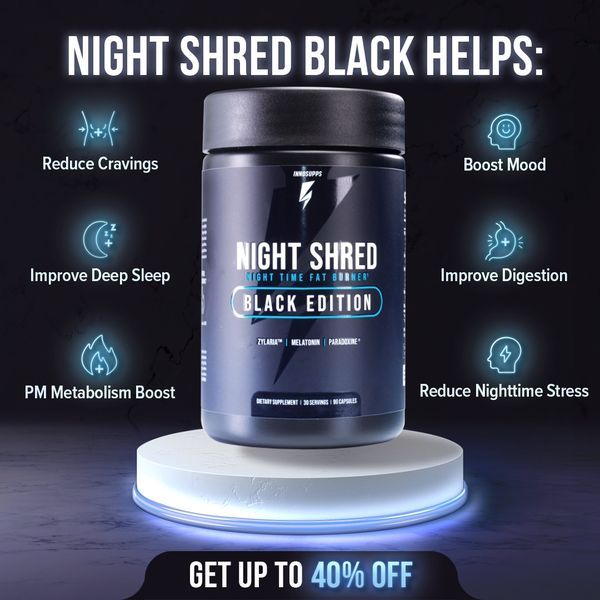 A high-contrast product-centric static image highlighting six specific sleep and metabolism benefits of the Night Shred fat burner.